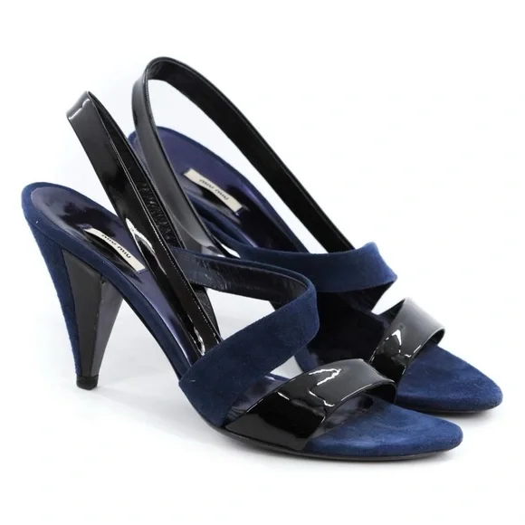Miu Miu Navy Black Suede Patent Leather Slingback Sandals Heels 39.5 - Picture 1 of 11